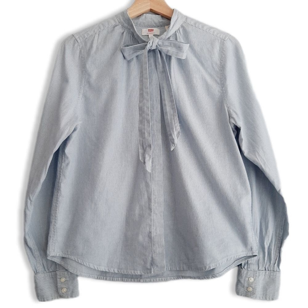 LEVI'S 100% Cotton Bow Neck Tie Button Down Top Pinstripe Sz M